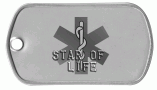 Stainless Steel Matte Finish Dog Tag with Laser burnished Star of Life (aka Rod of Asklepius)
