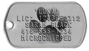 BluePaw Dog Tags     'LUNA' LIC: 1243GE2312   SARAH BLACK  416-555-1234  MICROCHIPPED
