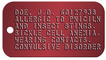 Military Medical Warning Dog Tag DOE, J.D. 60127938 ALLERGIC TO PNICILN AND INSECT STINGS.  SICKLE CELL ANEMIA. WEARING CONTACTS.