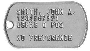 USPHS Dog Tags SMITH, JOHN A. 1234567891 USPHS O POS  NO PREFERENCE