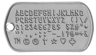 Dogtag showing all available embossing characters: underscore, upperscore, copyright, trademark, star, crucifix, heart, dollar, question mark, hashtag, maple leaf